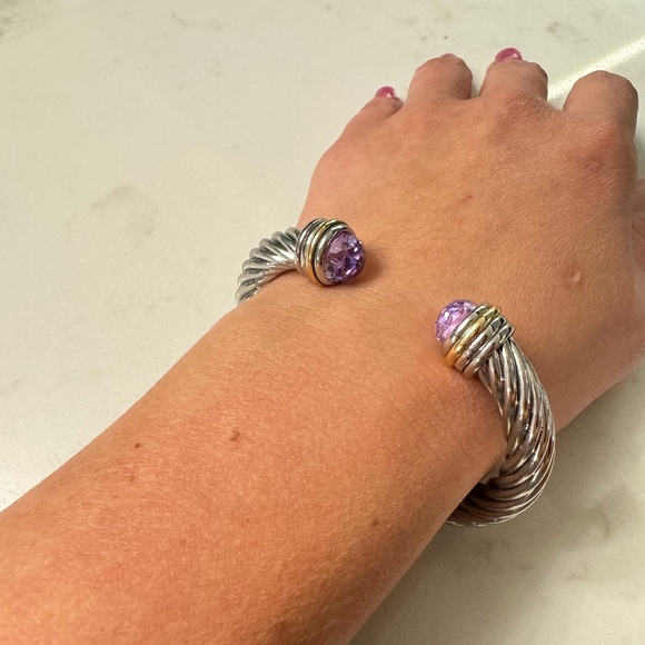 Two Tone Cable Bracelet Hinged Open Cuff with Large Purple Crystals - Picture 10 of 14